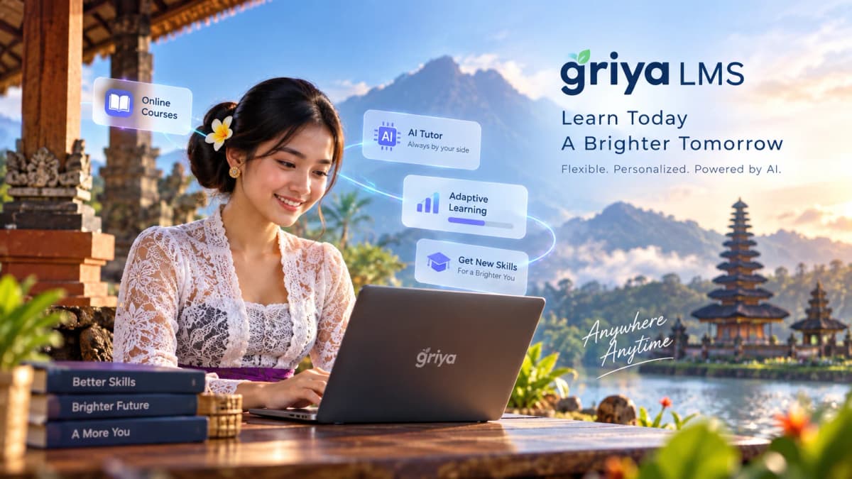 Pelajar GriyaLMS belajar dengan laptop di depan pura Bali