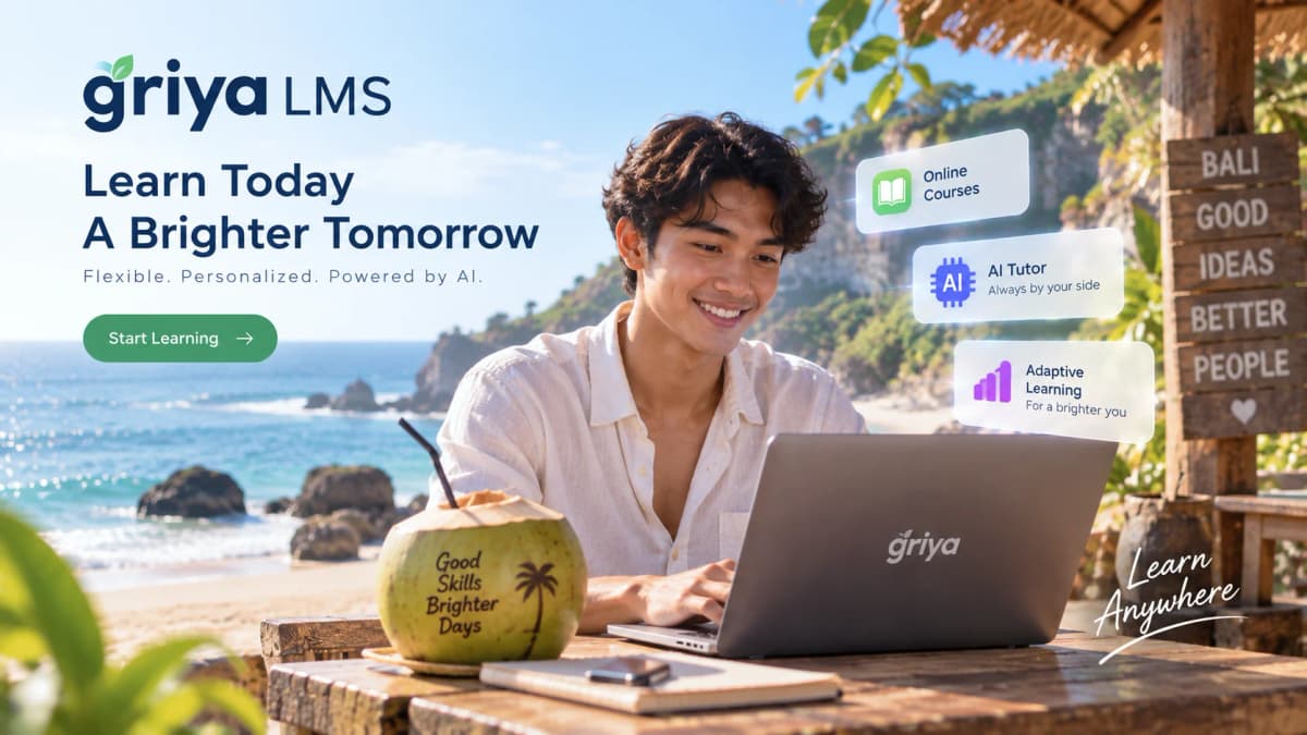 Pelajar GriyaLMS belajar dengan laptop di tepi pantai Bali